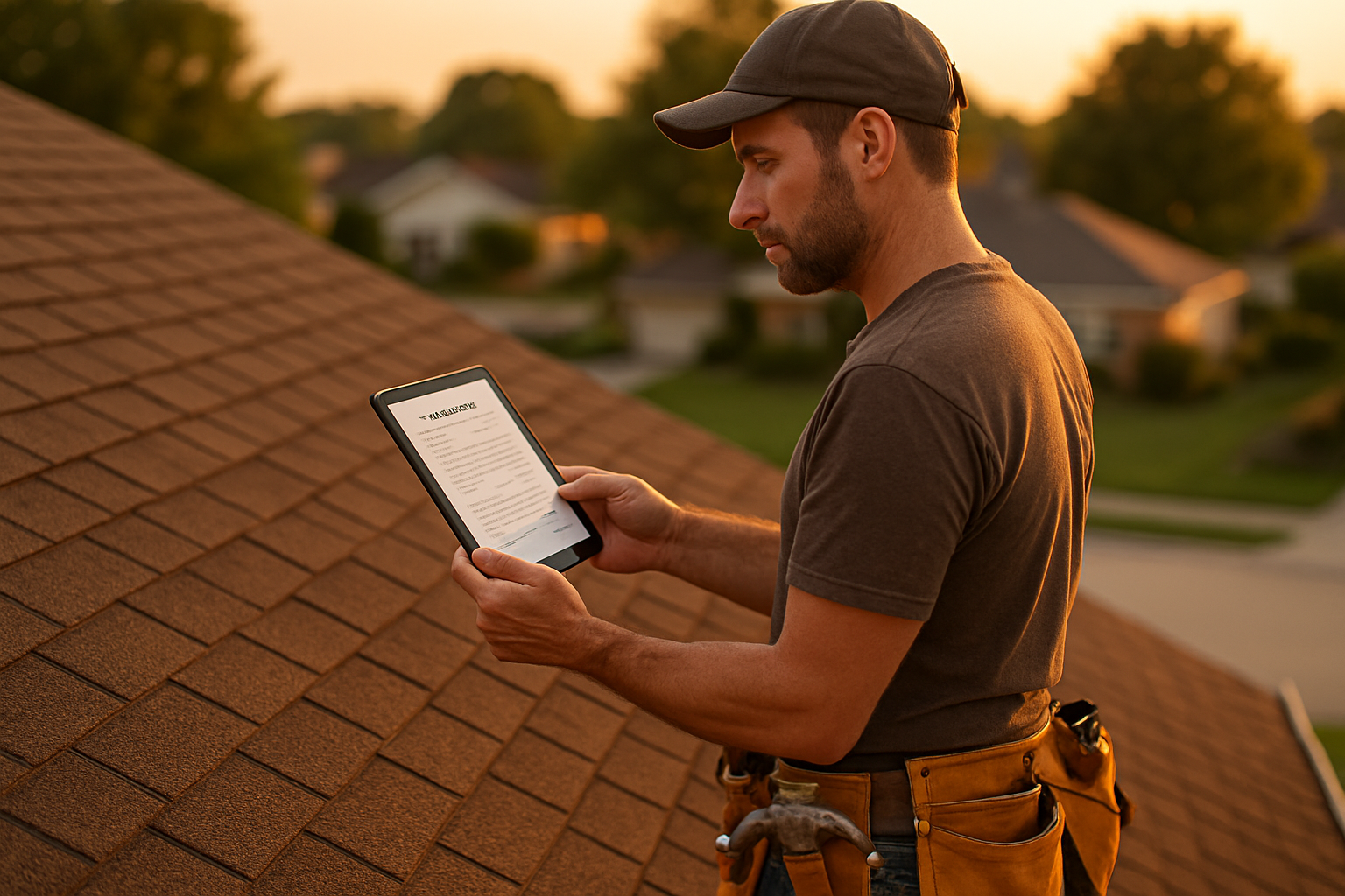 Residential roofer on a shingle roof at golden hour, holding a tablet showing a job quote.