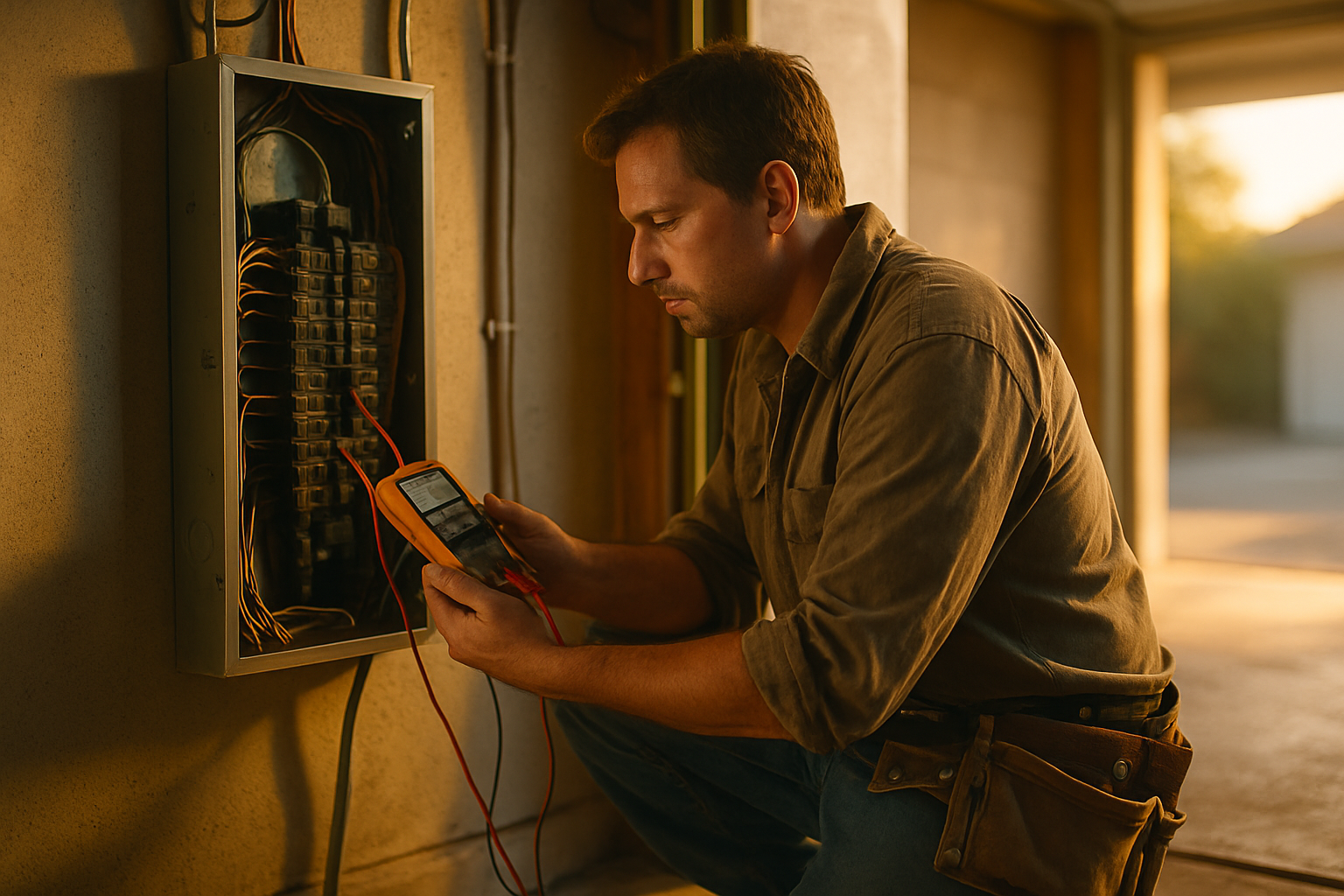Solo electrician kneeling at an open residential electrical panel in a garage, holding a multimeter, warm golden-hour light.