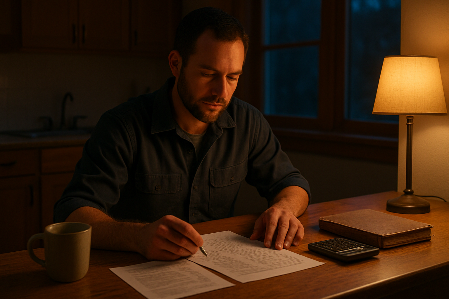 Solo plumber at a kitchen table reviewing invoices and rate sheets under warm lamp light, calculator and coffee cup nearby.