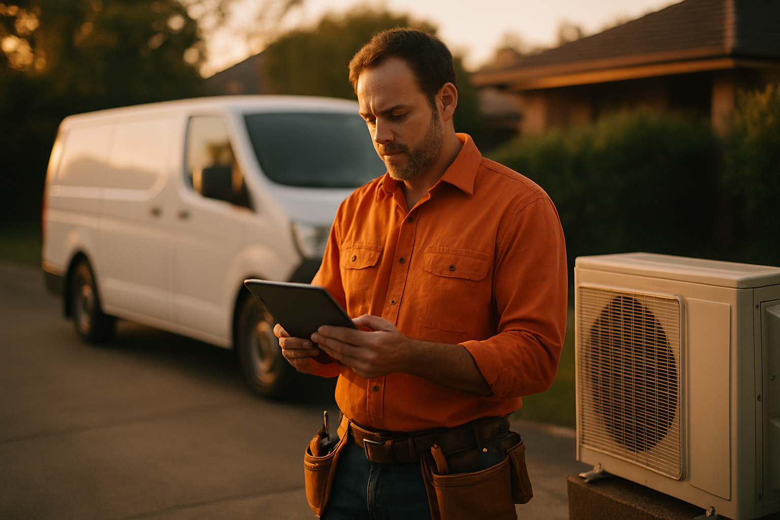 Solo HVAC technician reviewing a digital quote on a tablet beside a residential outdoor unit at golden hour