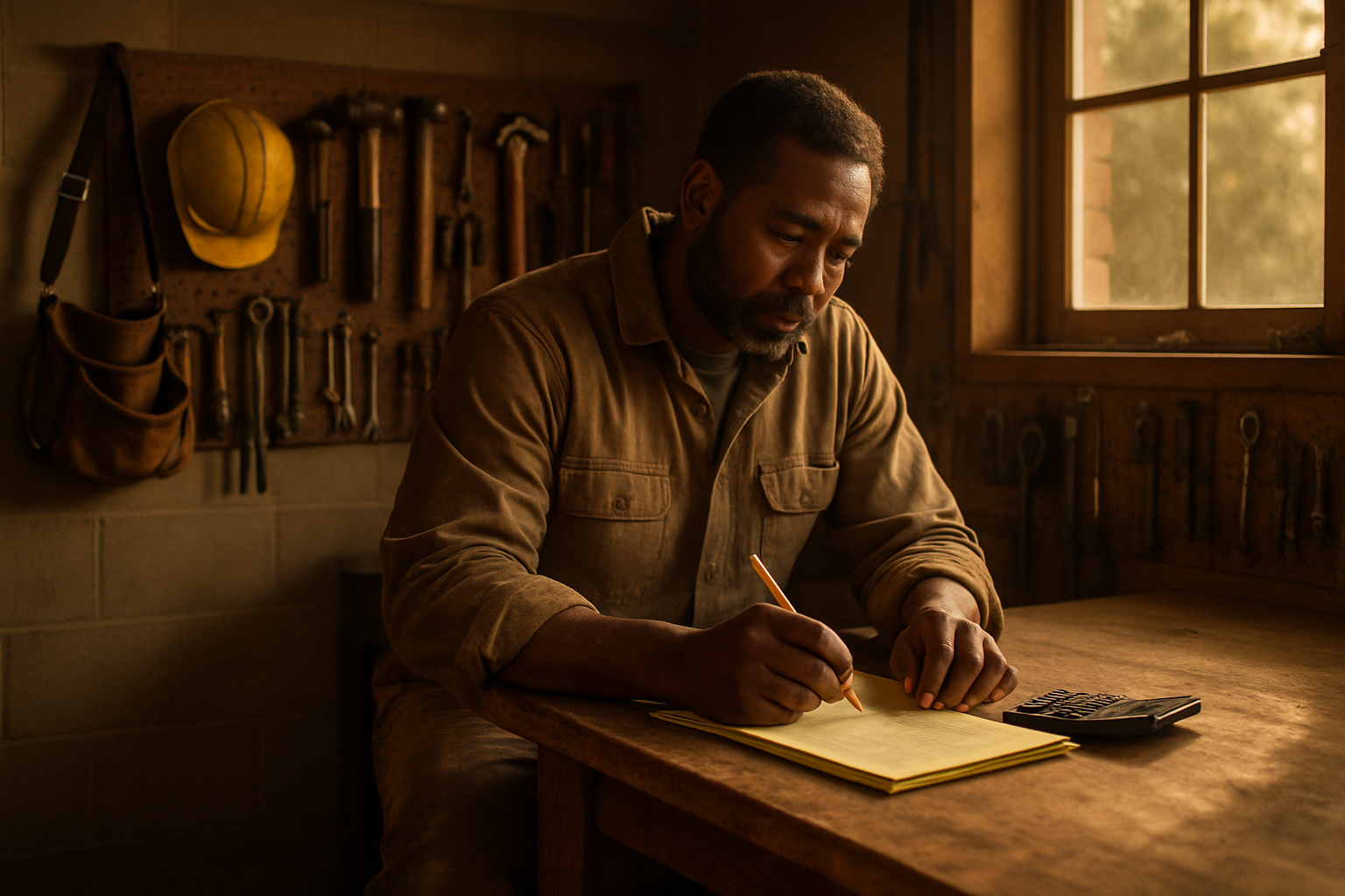 Contractor in work clothes calculating job rates at a wooden workbench in a garage, golden afternoon sunlight