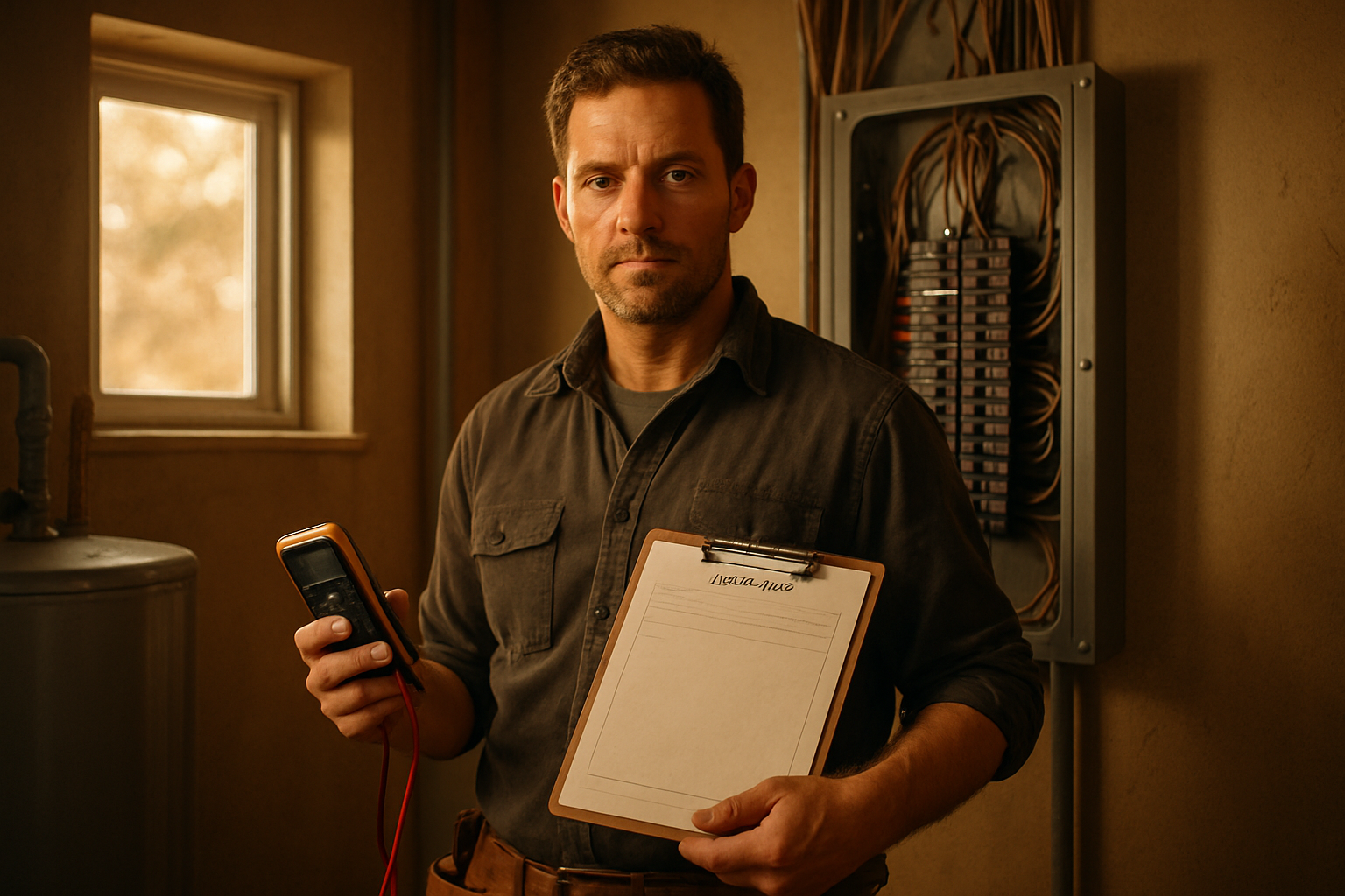 Electrician holding a multimeter in front of a residential electrical panel, reviewing a service estimate