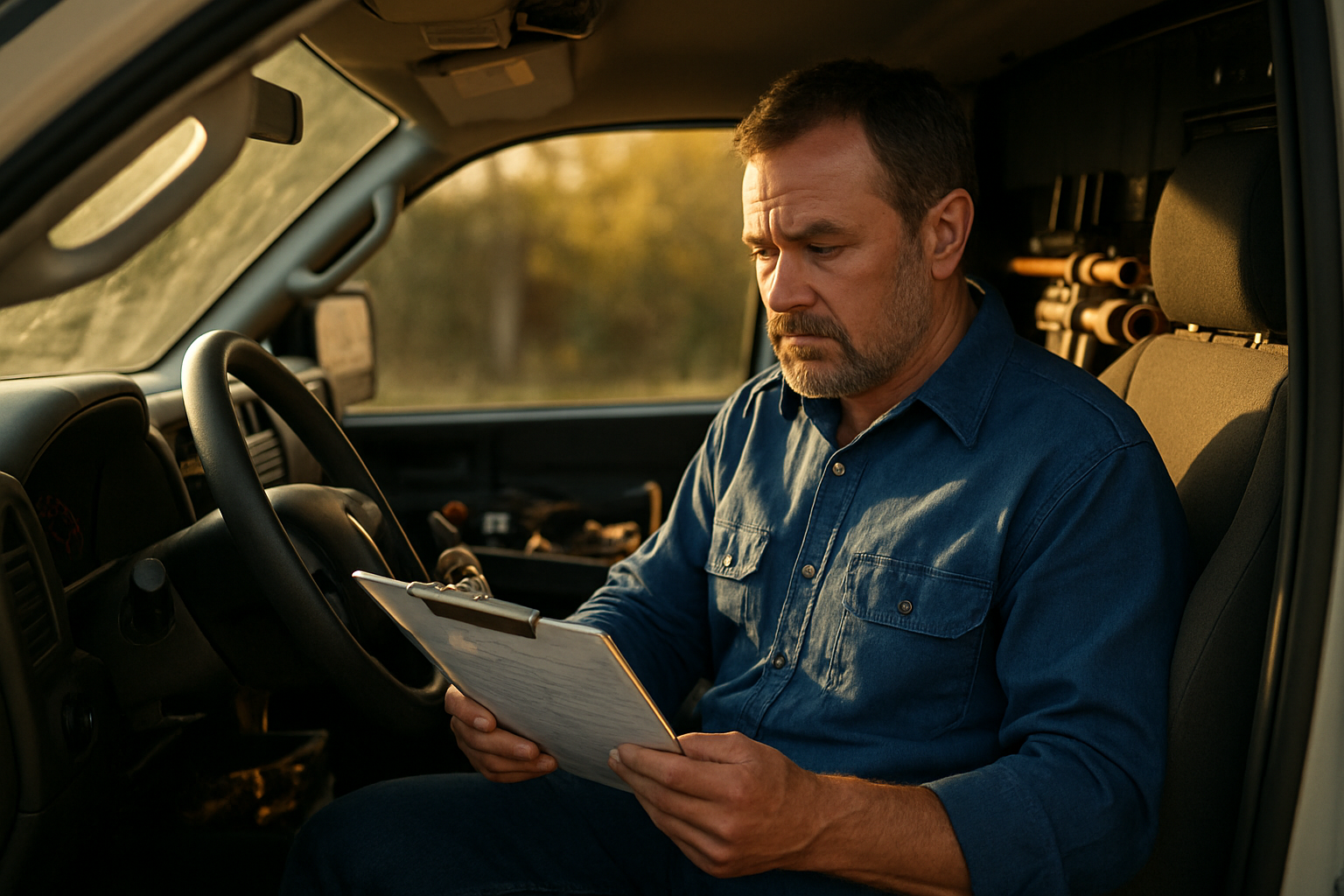 Plumber in a service van reviewing a printed job estimate on a clipboard, afternoon sunlight through the windshield