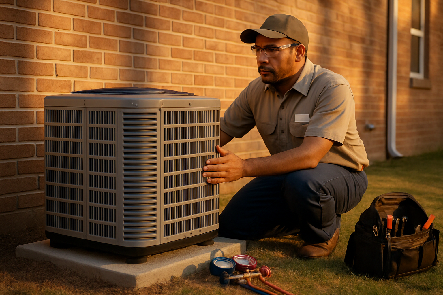 HVAC technician kneeling beside a new air conditioning condenser unit outside a home at golden hour, tool bag open on the pad