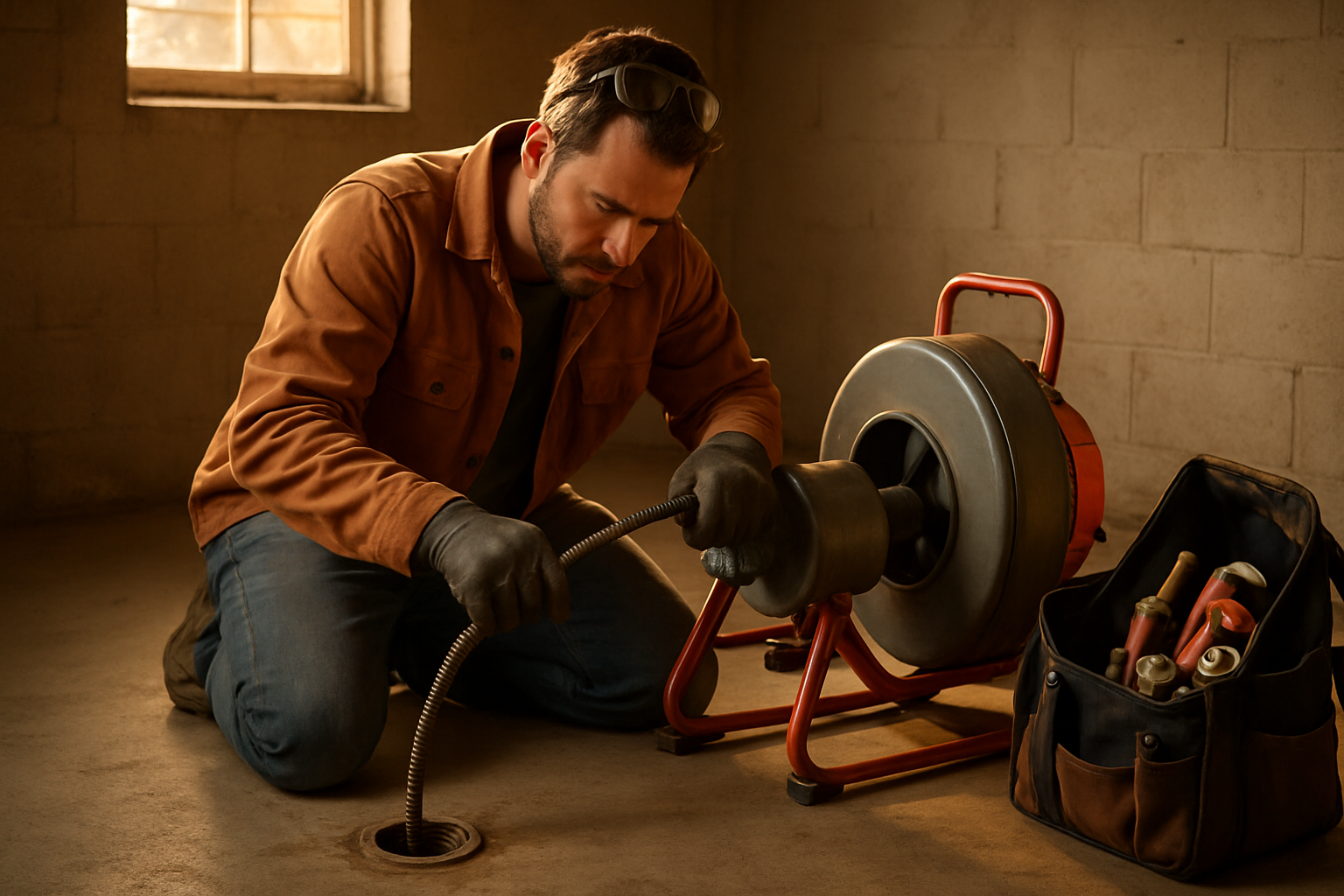 Solo plumber operating a powered drain snake at a residential floor cleanout in warm afternoon light