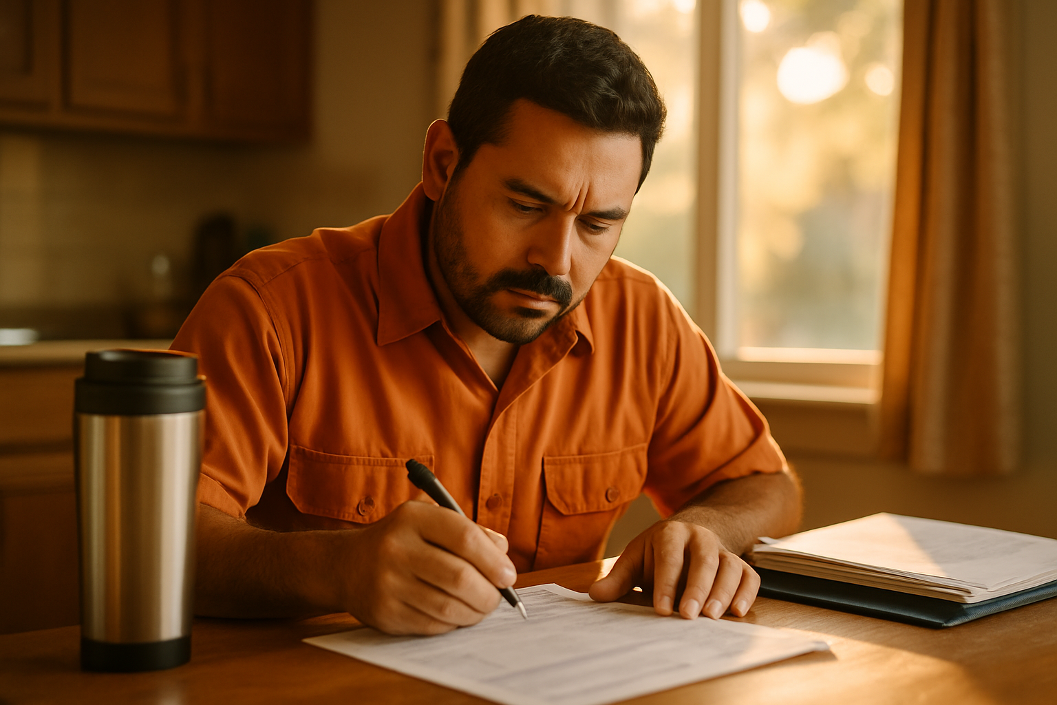 HVAC contractor reviewing job estimate documents at a kitchen table in warm afternoon light
