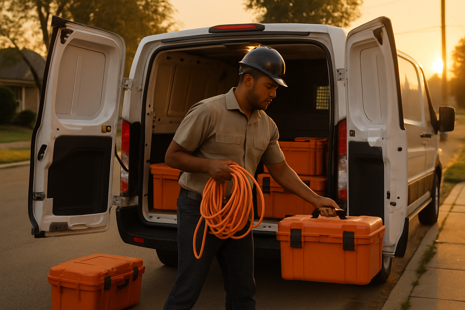 Solo electrician loading tools into a service van at dawn, warm amber morning light, suburban driveway