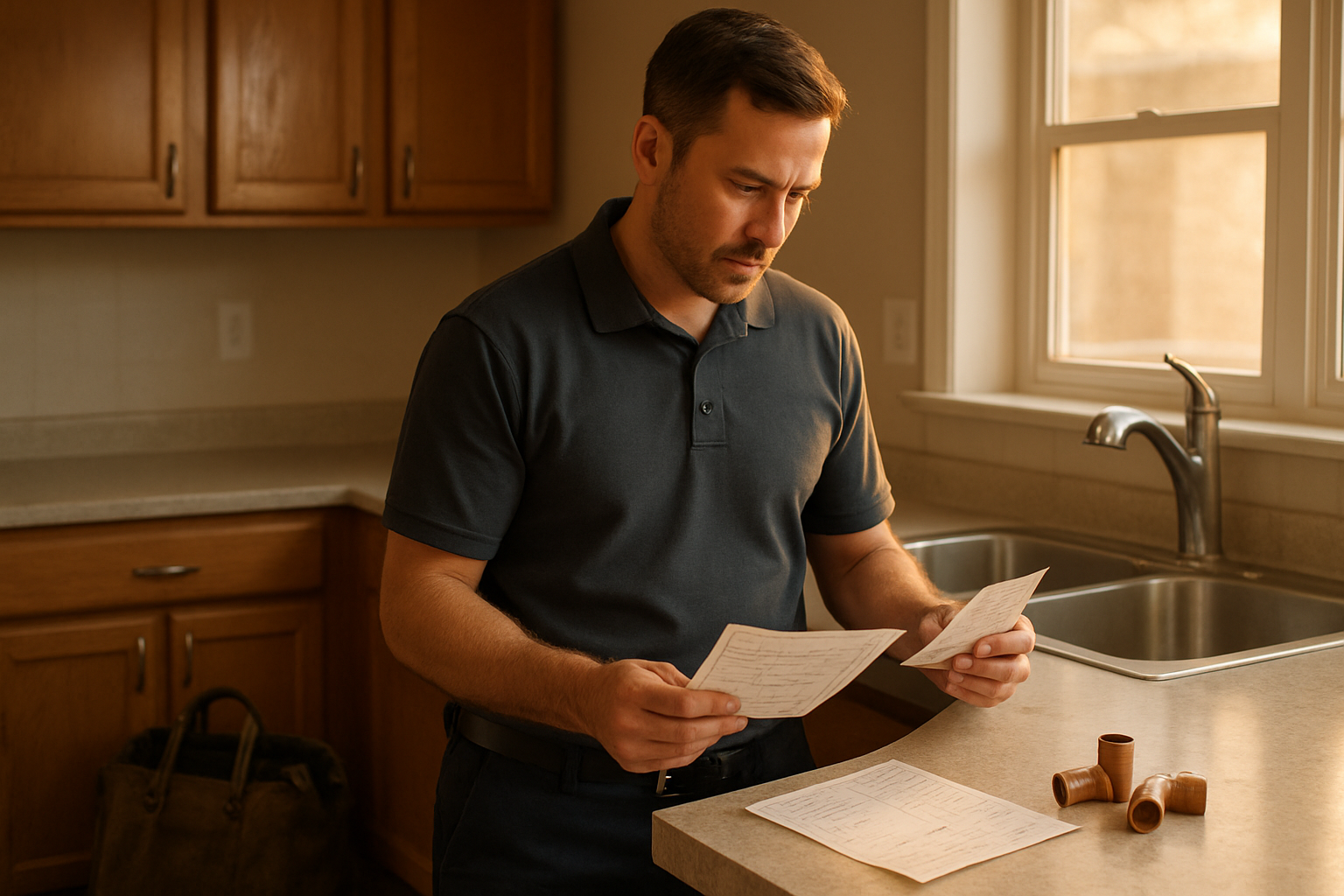 Plumber reviewing a signed work order and deposit receipt on a kitchen countertop, warm golden-hour light through a window.
