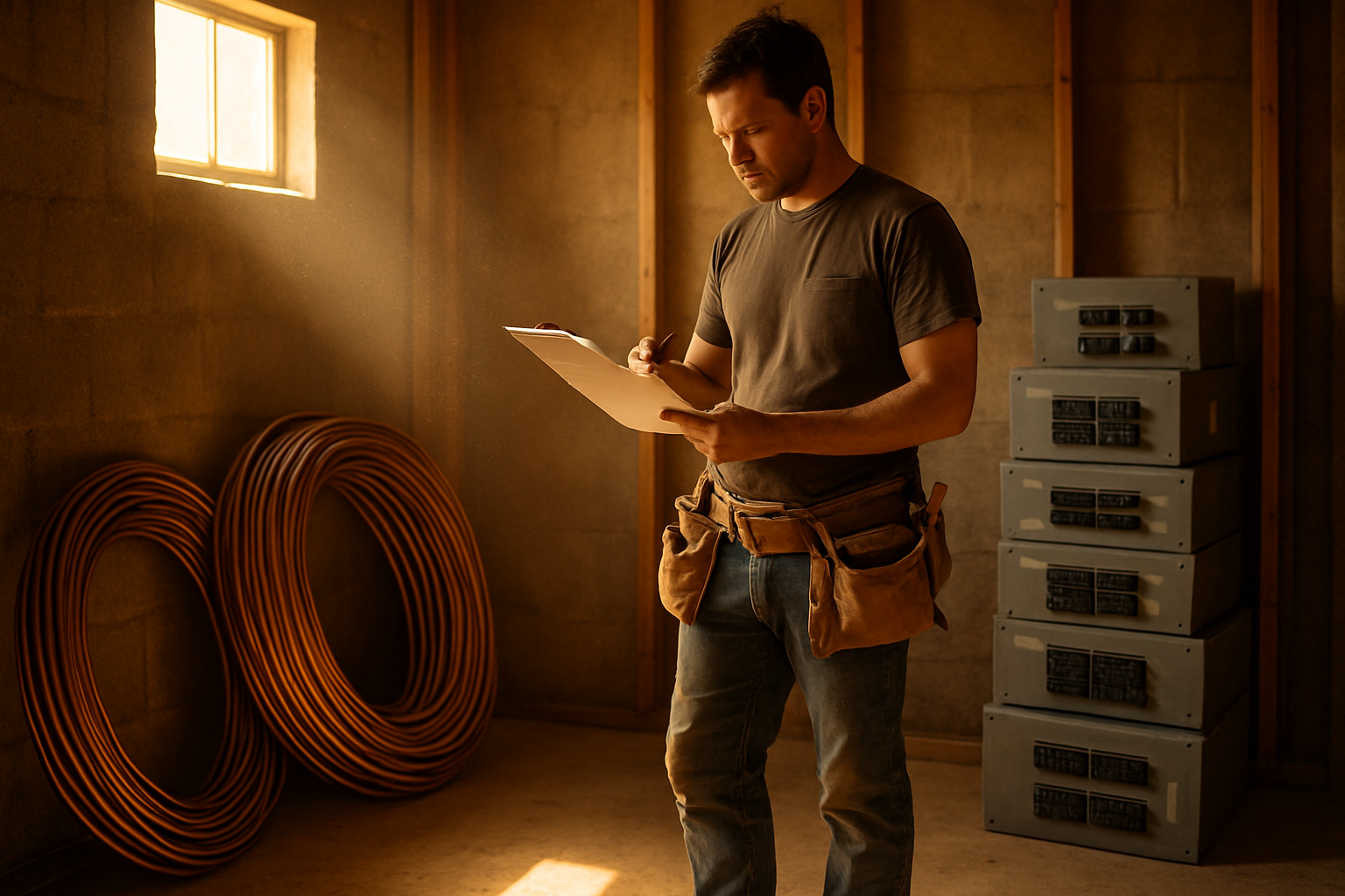 Electrician reviewing a job quote next to copper pipe and circuit breakers in an unfinished utility room