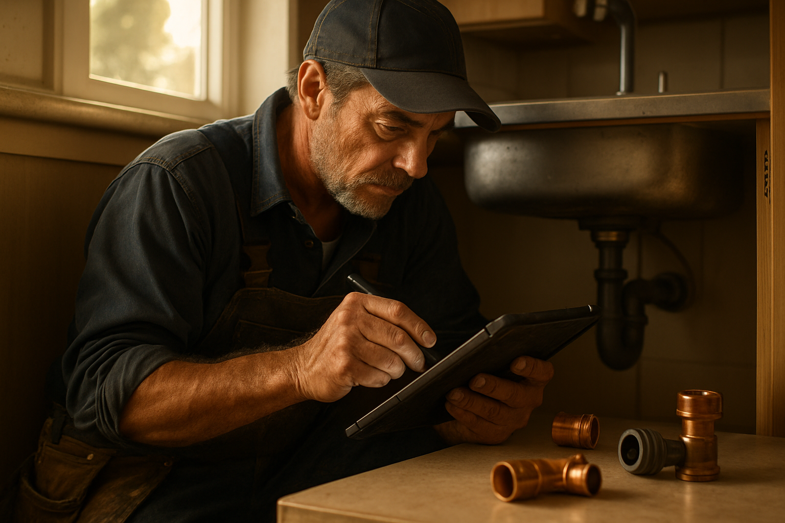 Solo plumber crouched under a kitchen sink writing a job quote on a tablet, copper fittings visible, warm afternoon light