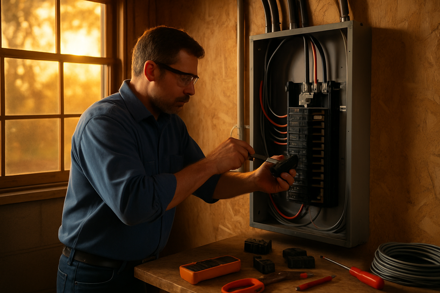 Electrician installing a 200-amp main panel in a residential utility room, warm golden hour light