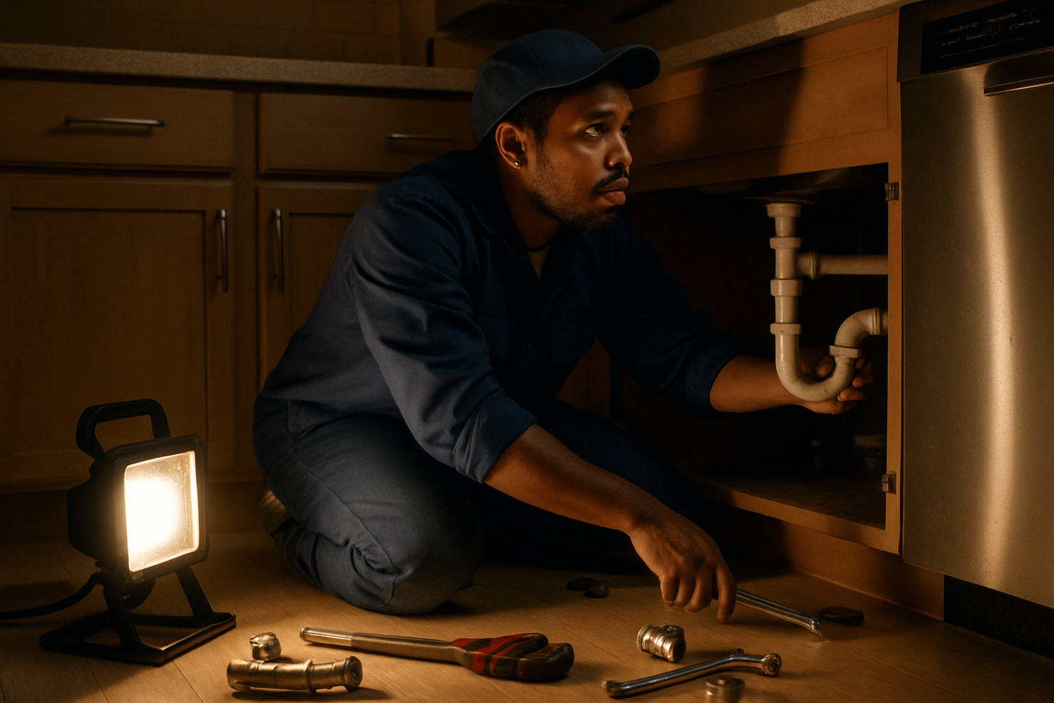 Solo plumber working under a kitchen sink on a late-night emergency call, tools spread on the floor, warm interior light