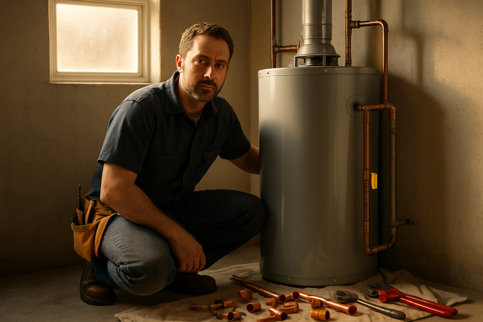 Plumber installing a gas water heater in a residential utility room, plumbing tools on a drop cloth, warm afternoon light