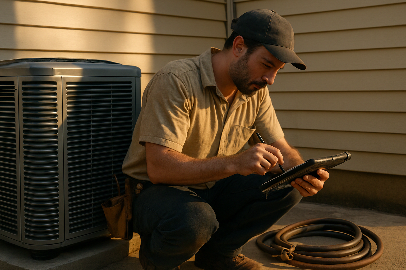 HVAC technician crouching beside an outdoor condenser unit, writing a quote on a tablet, late-afternoon sunlight