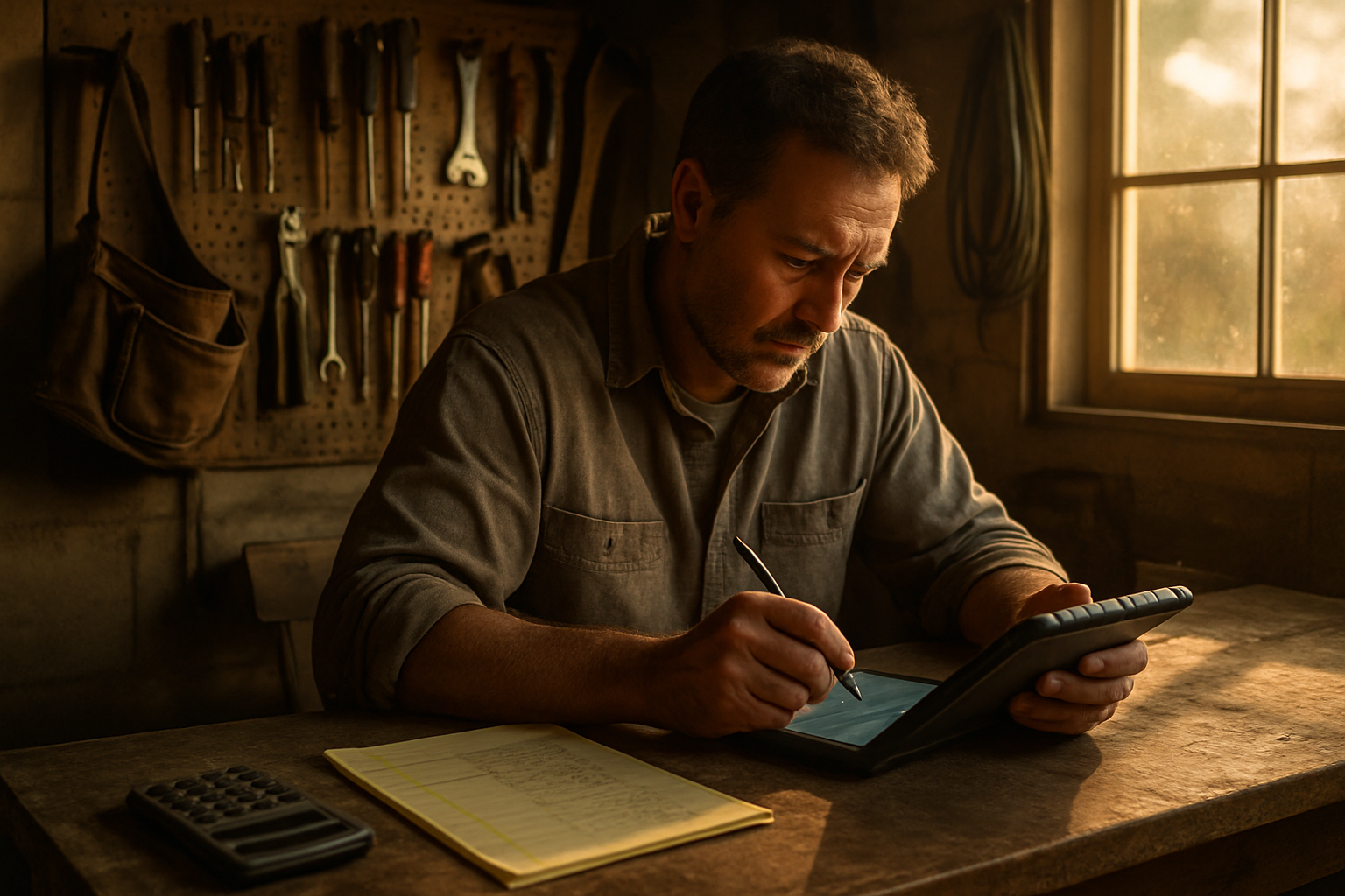 Solo contractor at a workbench calculating a job quote on a tablet, warm afternoon light in a garage workshop