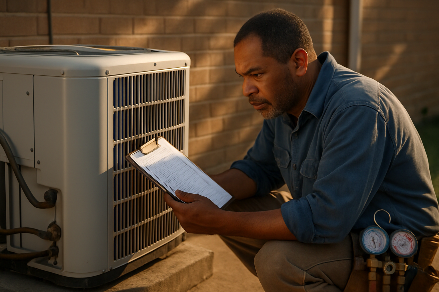Solo HVAC technician reviewing a maintenance checklist beside a residential outdoor condenser unit in warm afternoon light
