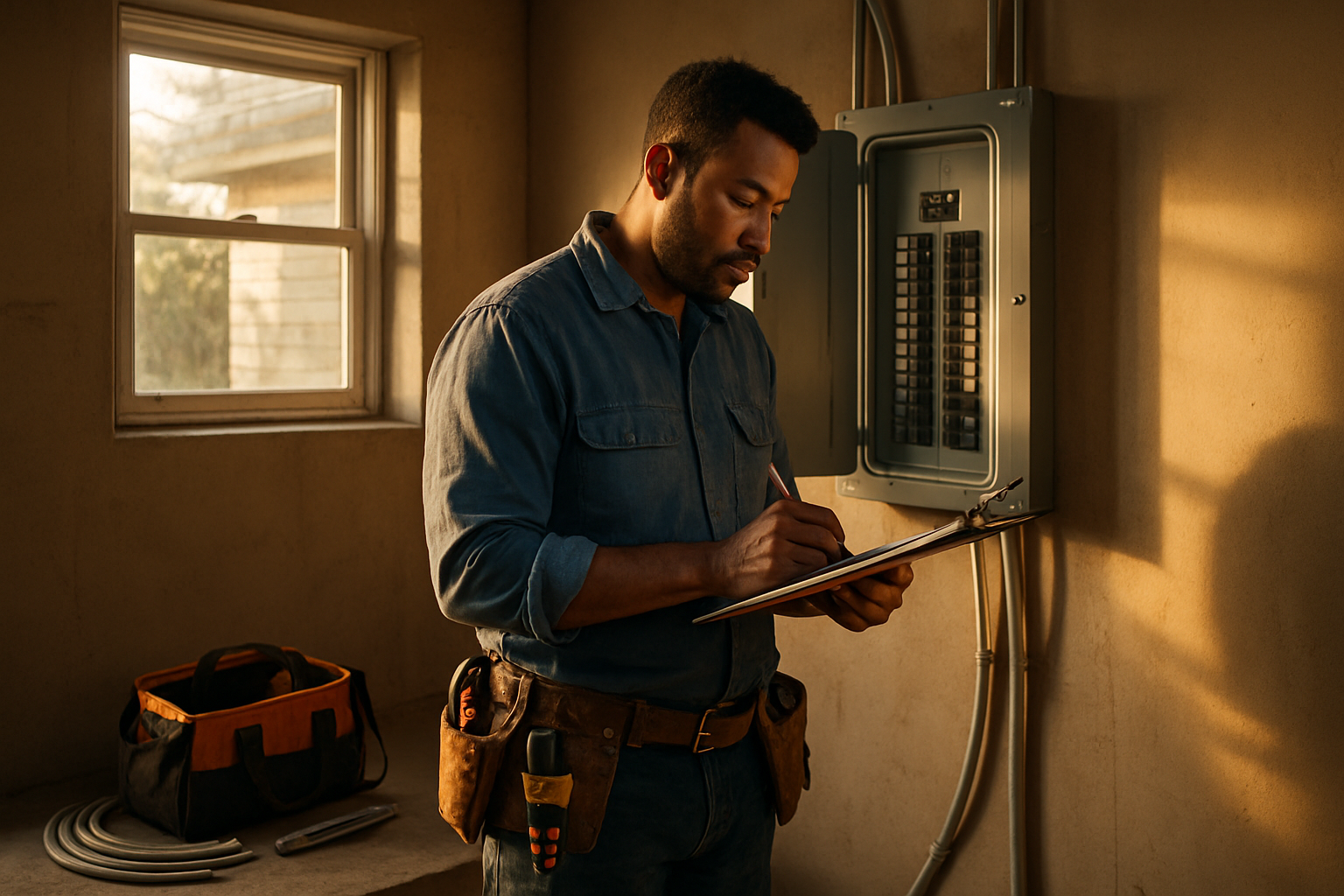 Solo electrician writing on a clipboard next to an open residential electrical panel in a warm-lit garage