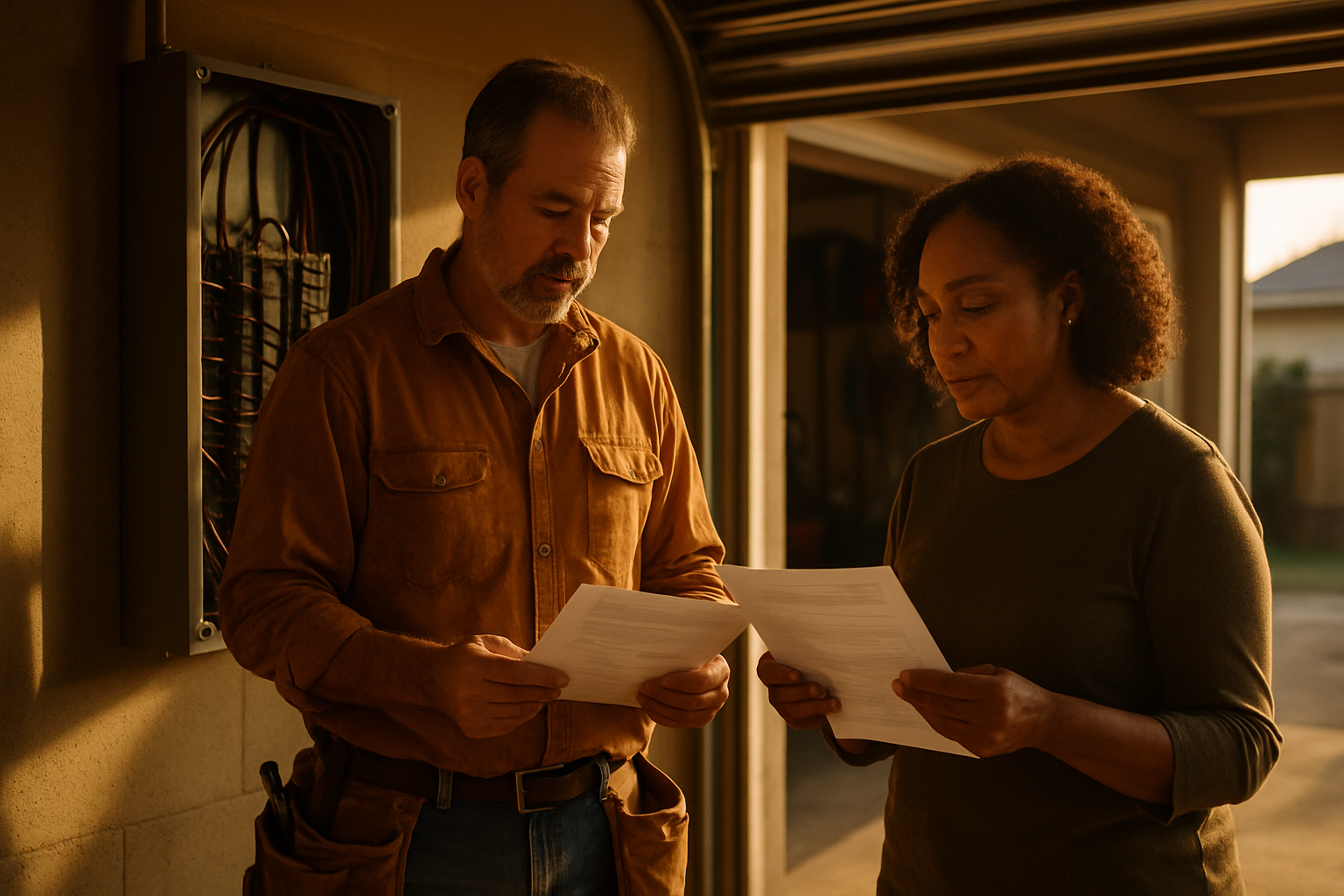 Solo electrician reviewing a service agreement with a homeowner in a residential garage, electrical panel in background