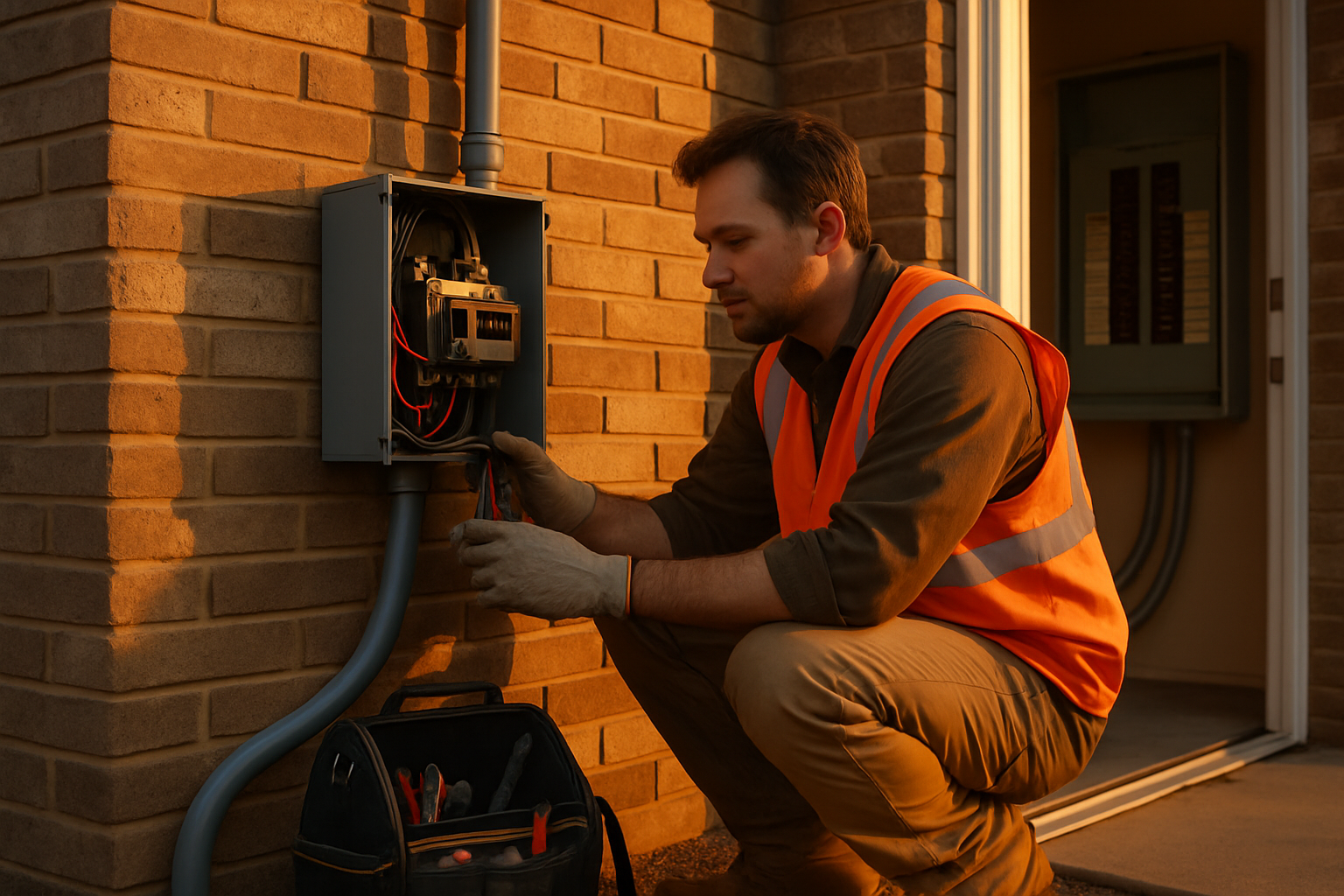 Electrician installing an automatic transfer switch beside a residential panel at golden hour, conduit visible