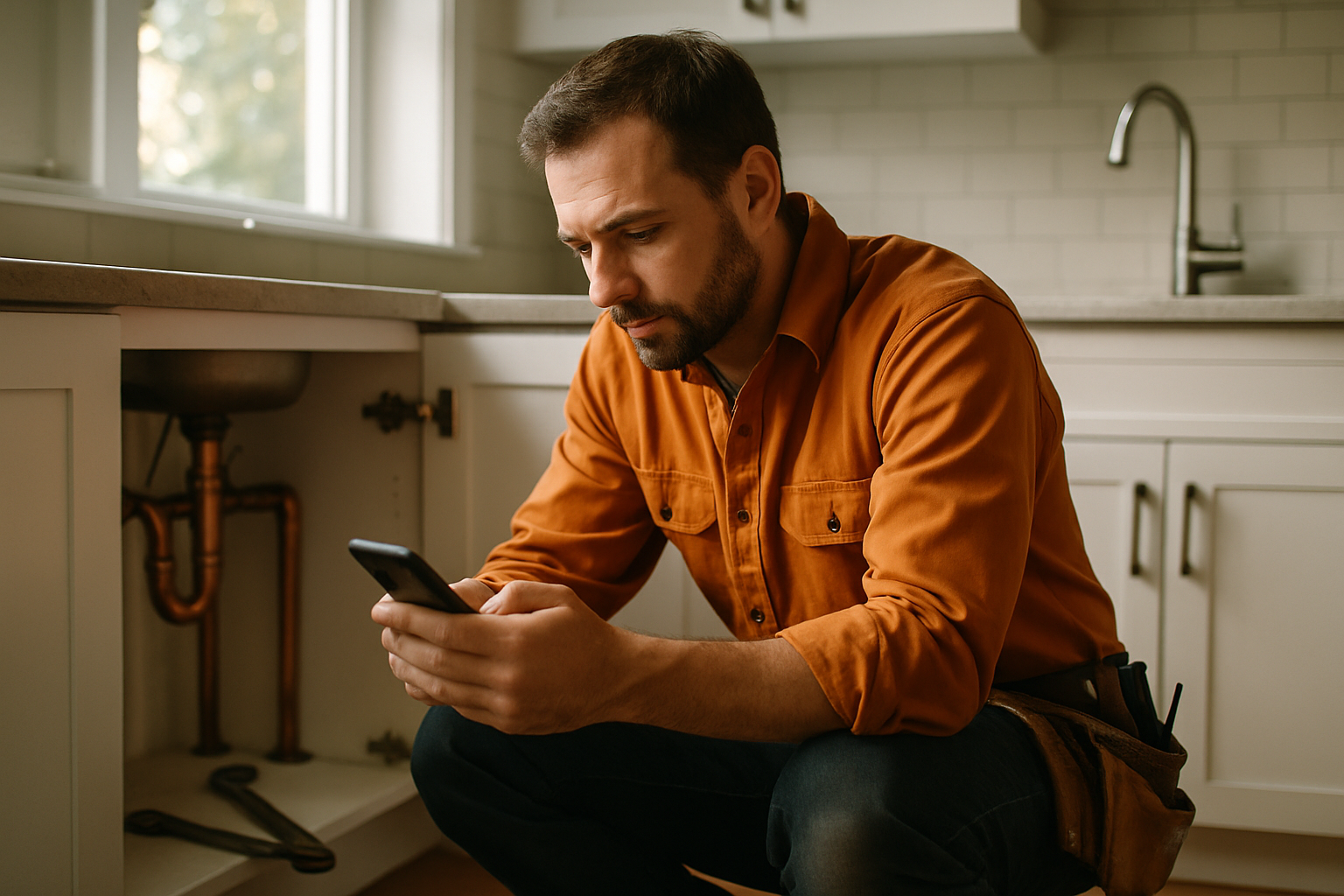 Solo plumber crouching under a kitchen sink reviewing a job quote on his smartphone, copper pipes visible behind him