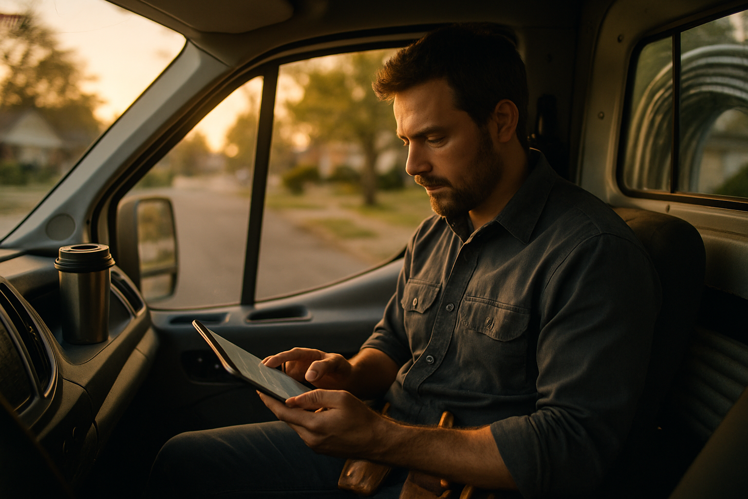 Solo electrician reviewing a job quote on a tablet inside his white work van at dawn