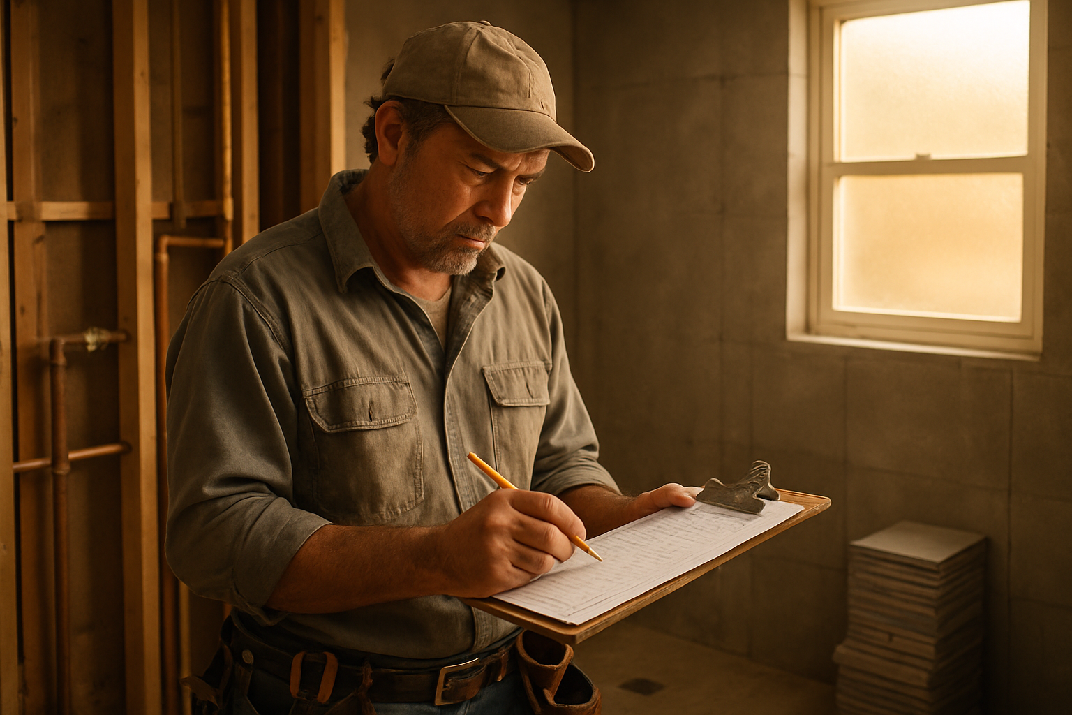 Remodeling contractor reviewing a bathroom quote on a clipboard inside an unfinished bathroom with plumbing rough-in visible