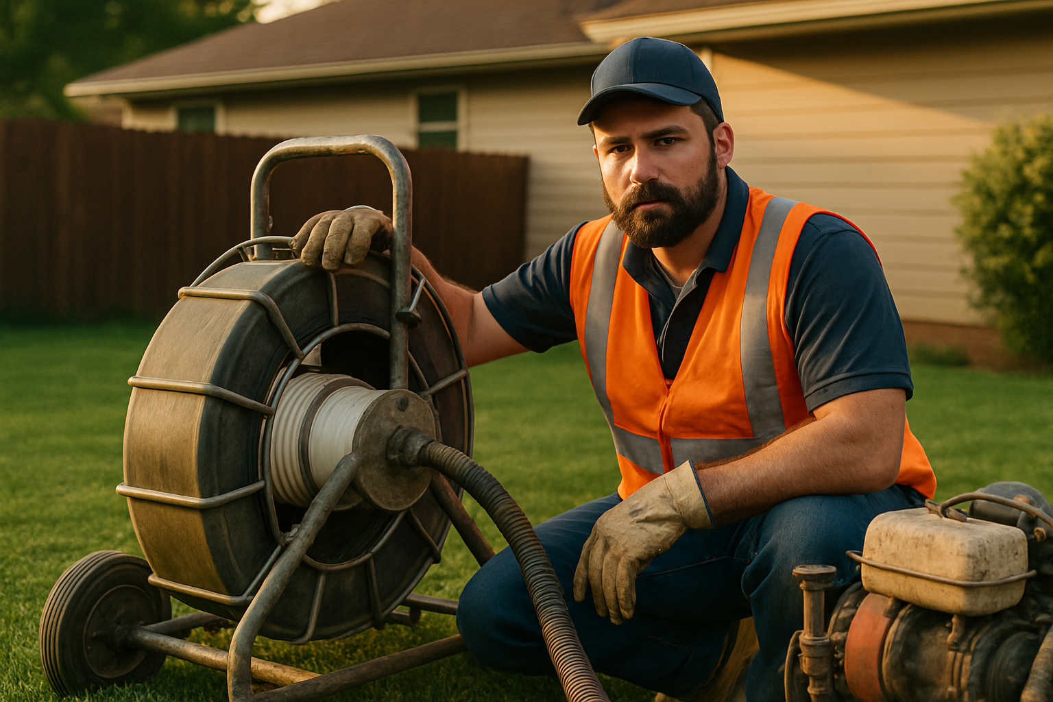 Plumber in orange safety vest operating a trenchless sewer rehabilitation unit in a residential backyard at golden hour