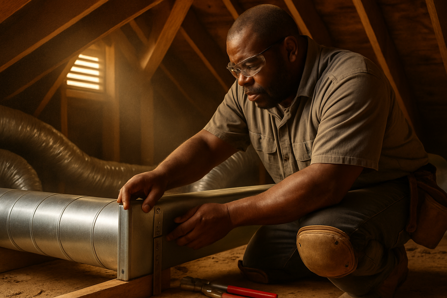 HVAC technician installing sheet metal ductwork in an attic, warm late-afternoon light coming through a gable vent
