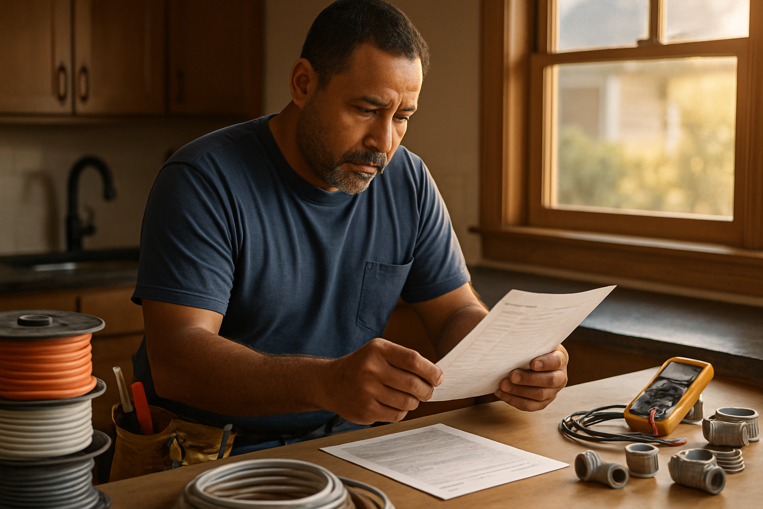 Solo electrician reviewing an estimate at a residential workbench with wire spools, conduit, and tools at golden hour