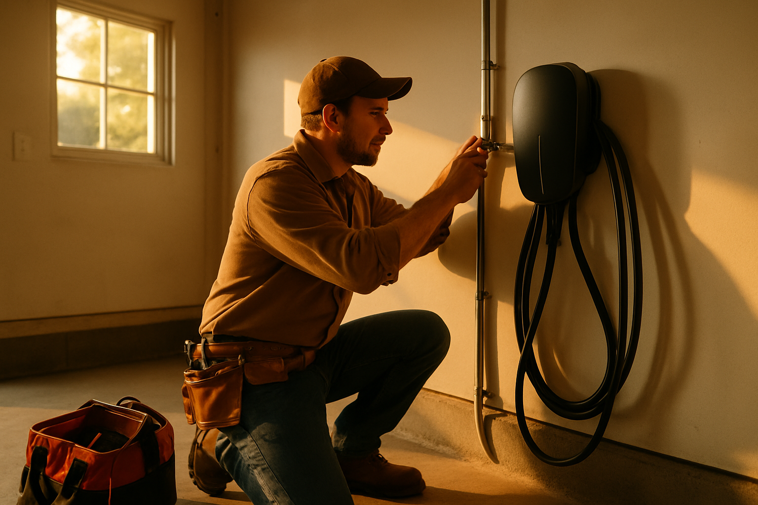 Solo electrician in an orange vest connecting wiring on a Level 2 EV charger in a residential garage at golden hour