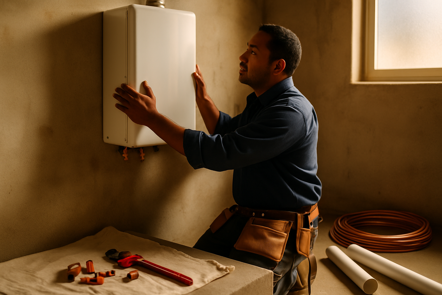 Plumber mounting a tankless gas water heater in a utility room, copper fittings and tools on the floor, warm natural light