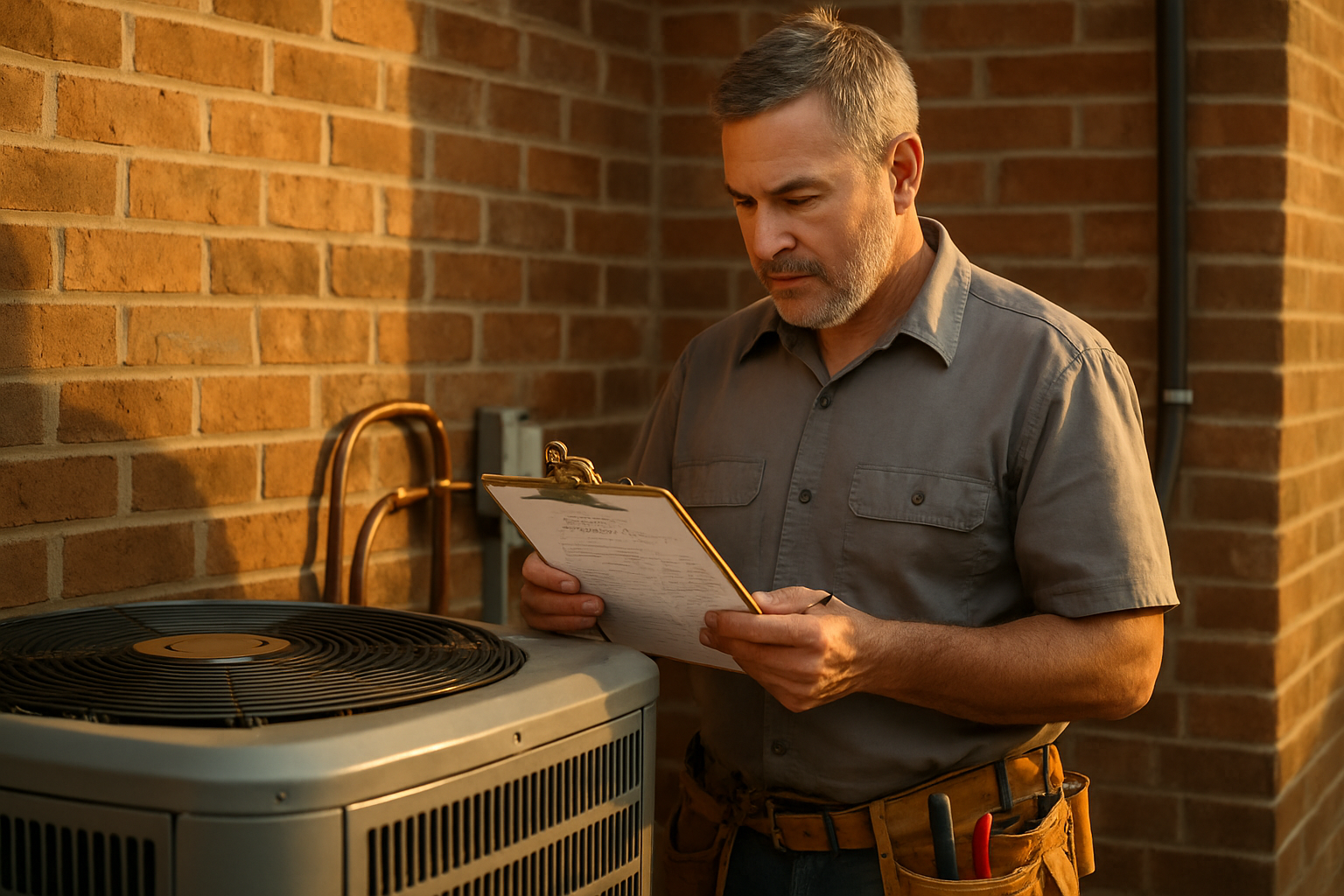 HVAC contractor reviewing a job estimate on a clipboard next to a residential AC condenser at golden hour