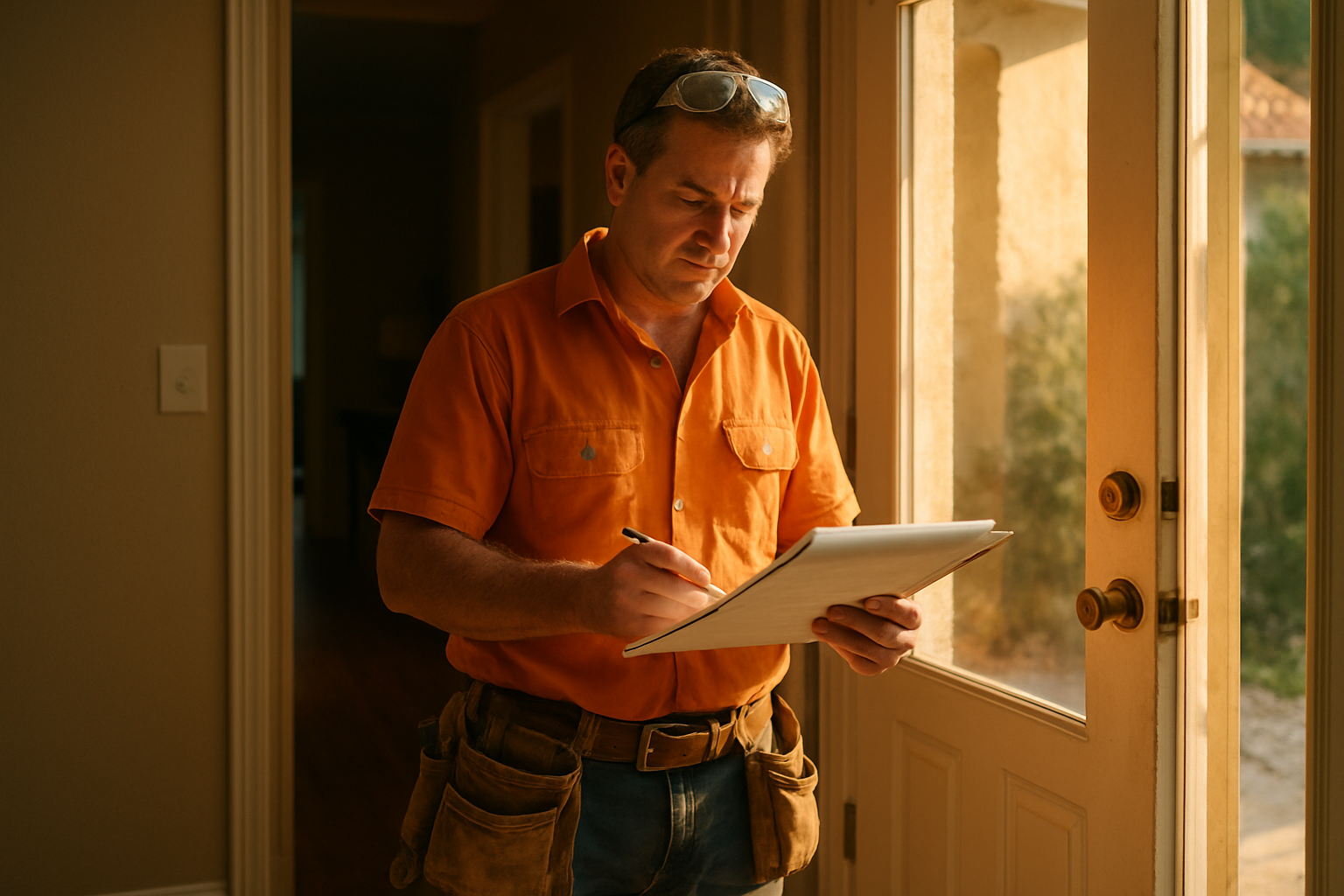 Solo contractor reviewing a warranty document on a clipboard, warm afternoon light through an open garage door