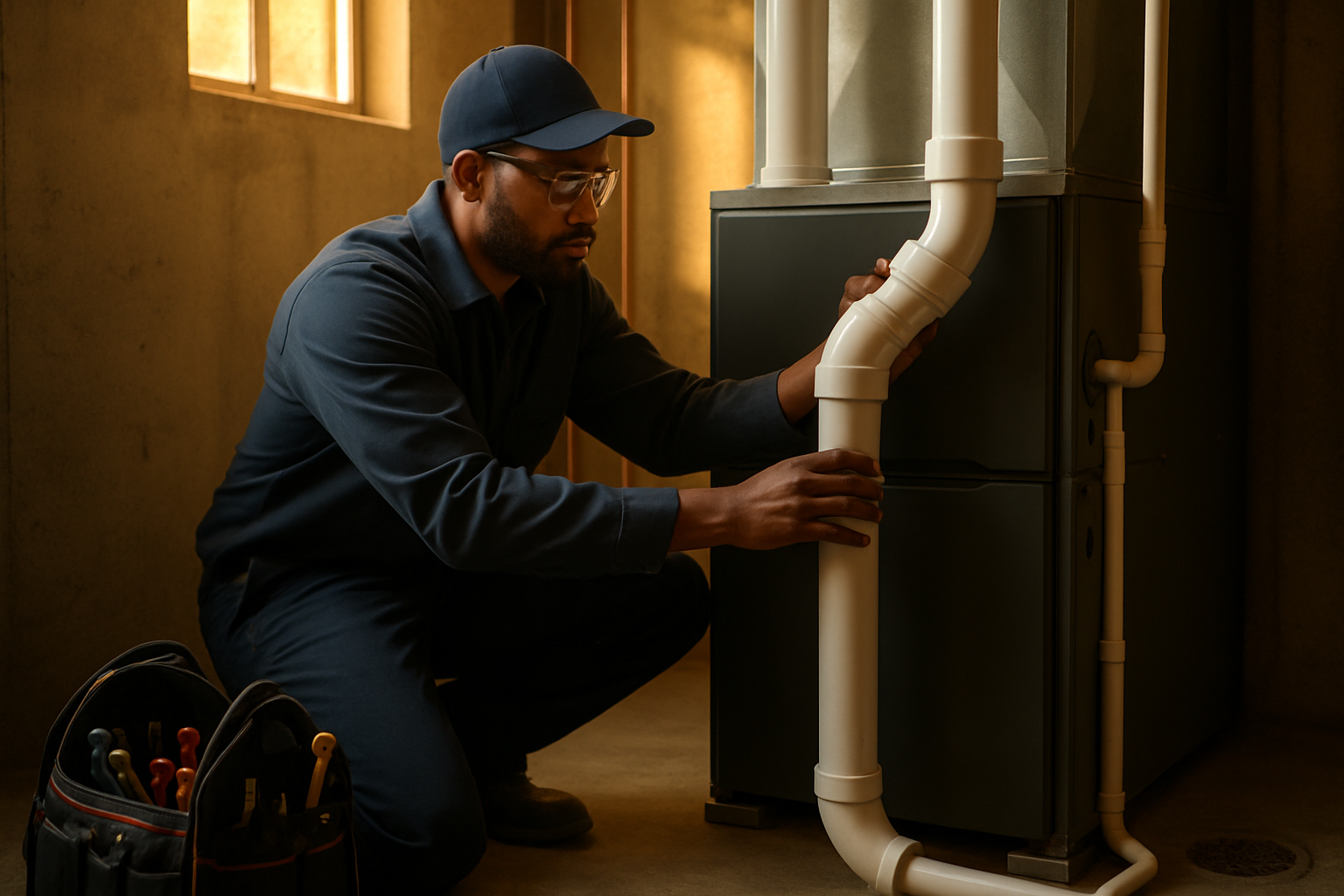 HVAC technician installing a new high-efficiency gas furnace in a residential basement utility room, warm afternoon light