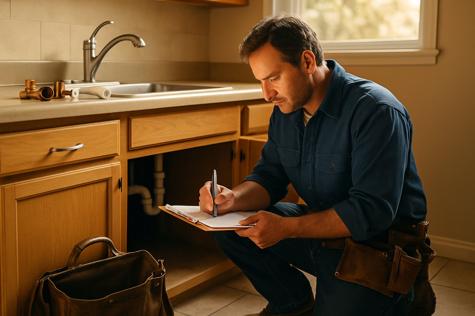 Plumber writing a job estimate on a clipboard, copper fittings on a kitchen counter, warm afternoon light