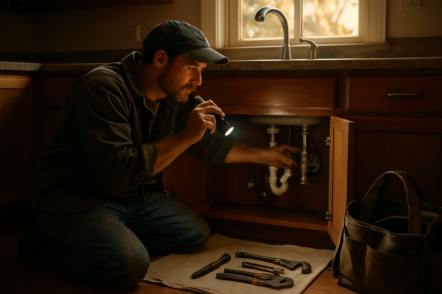 Solo plumber inspecting shutoff valves under a kitchen sink, tools on a cloth in warm afternoon light