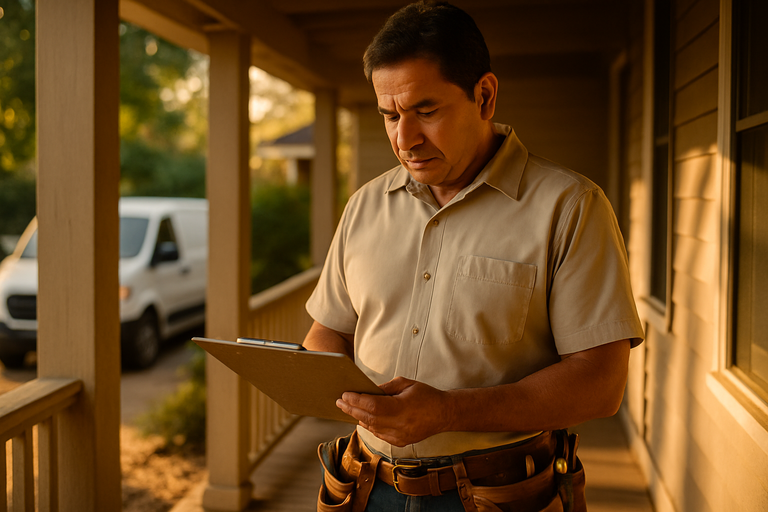 Contractor reviewing a clipboard on a residential job site porch, warm afternoon light, thoughtful expression