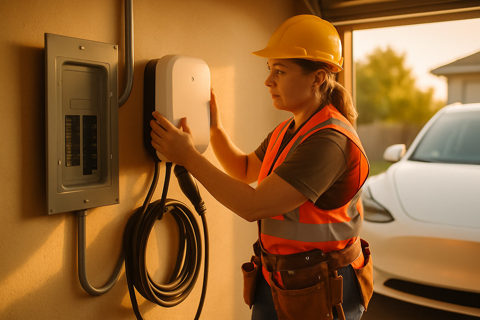 Electrician mounting a Level 2 EV charger on a garage wall beside a residential electrical panel, warm golden hour light