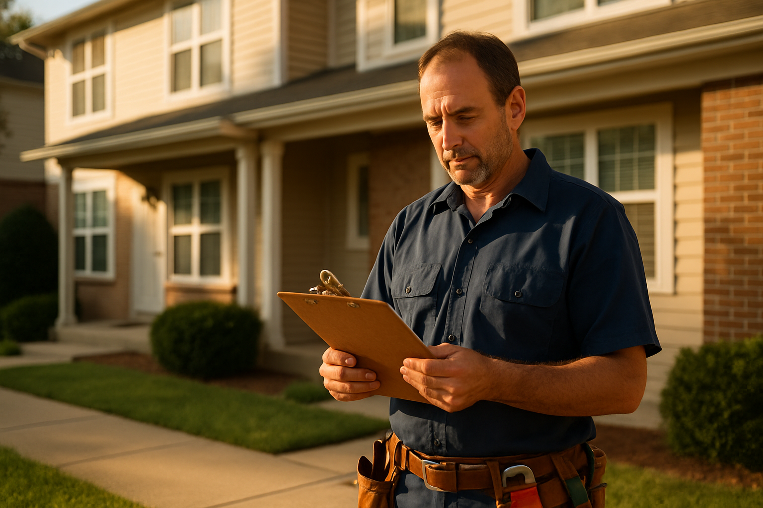 Solo plumber reviewing a work order clipboard outside a residential duplex at golden hour, warm afternoon light