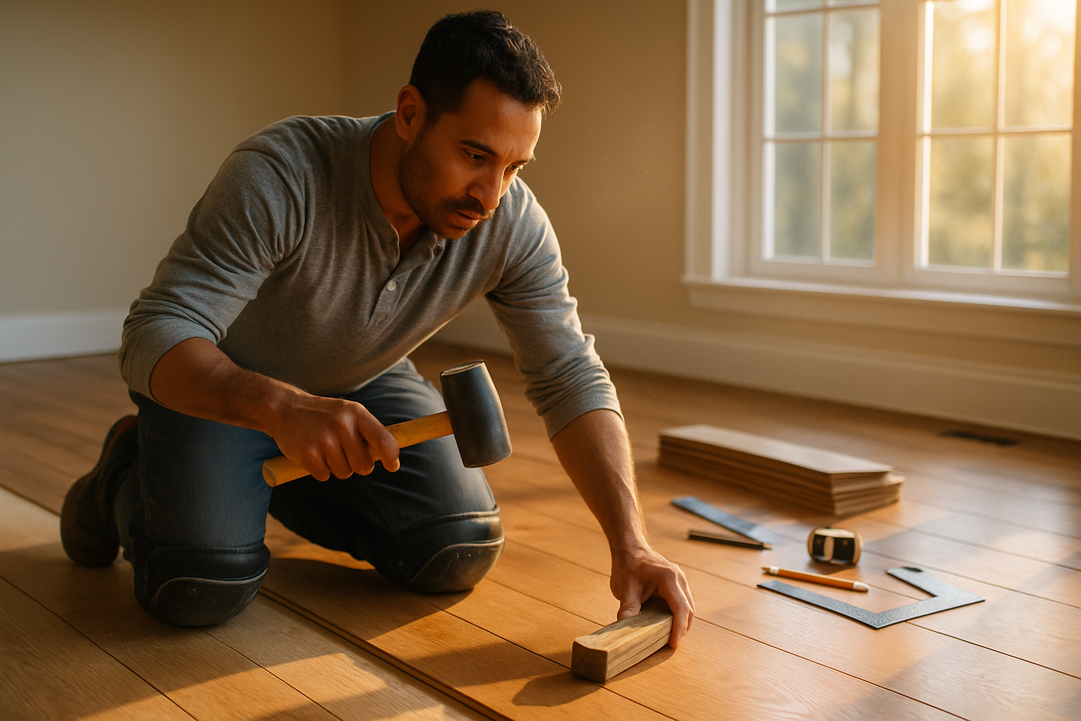 Flooring contractor installing wide-plank engineered hardwood in a sunlit residential room with hand tools nearby