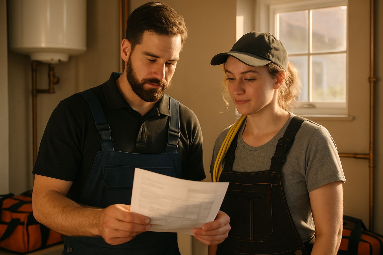 A plumber and electrician reviewing a job cost printout together in a residential utility room with tools visible