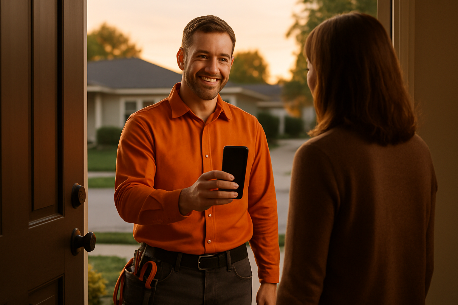Solo electrician in an orange work shirt showing a homeowner a phone screen at a completed job site at golden hour