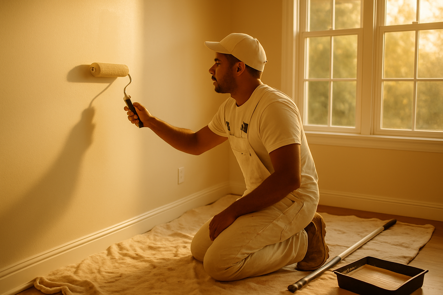 Solo painting contractor rolling paint on an interior wall at golden hour, splattered work shirt, natural light from windows