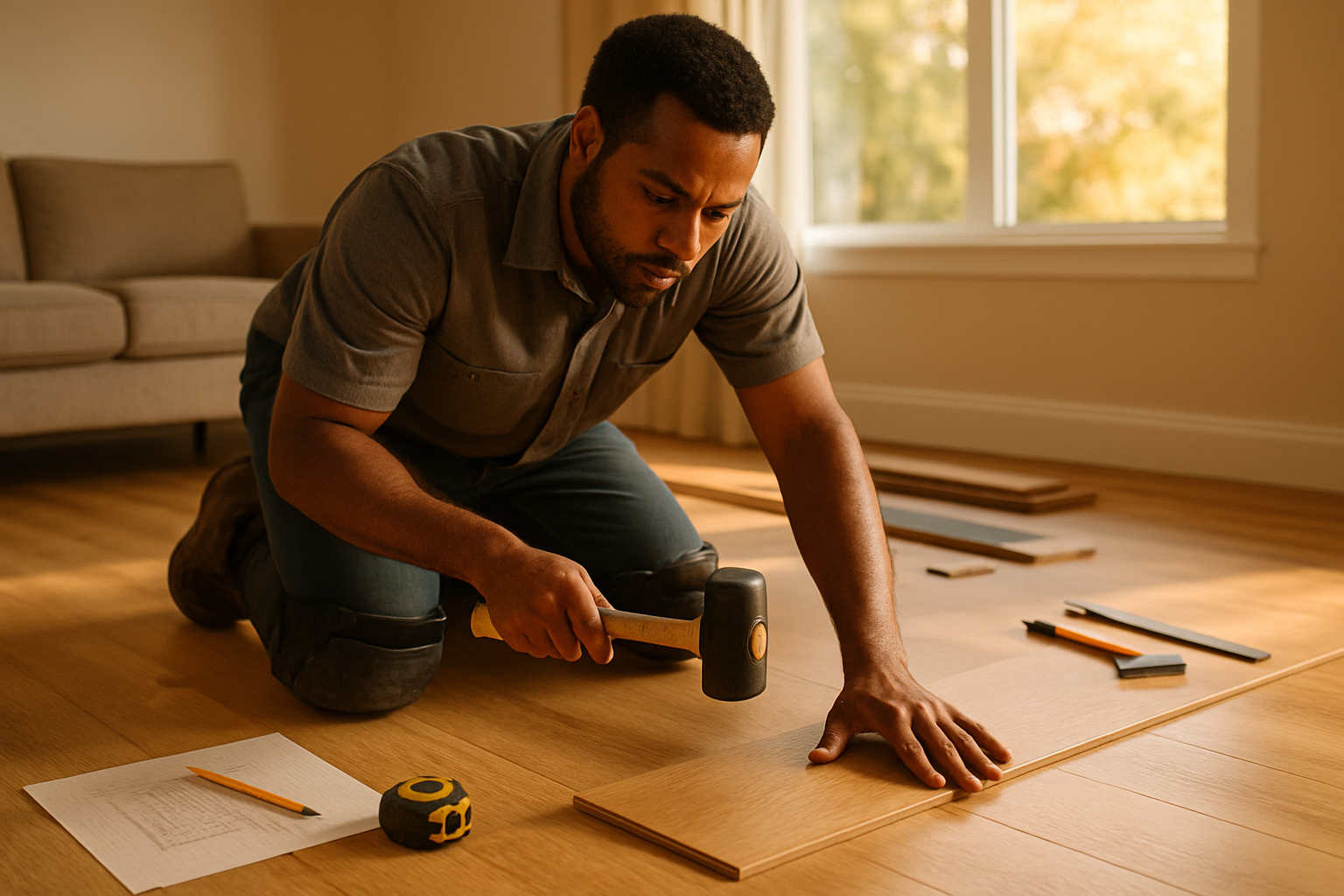 Flooring contractor kneeling while installing LVP planks in a residential living room, tape measure and notepad nearby