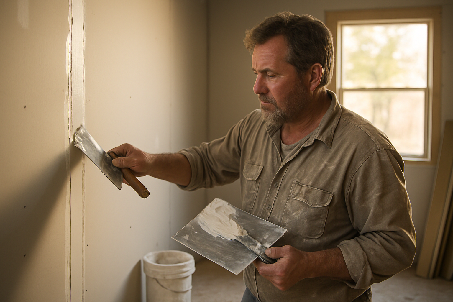 Drywall contractor applying joint compound to a wall seam in a residential under-construction room, finishing knife in hand
