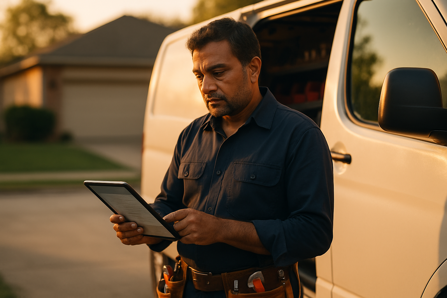 Solo plumber standing beside a work van reviewing a job quote on a tablet in a residential driveway