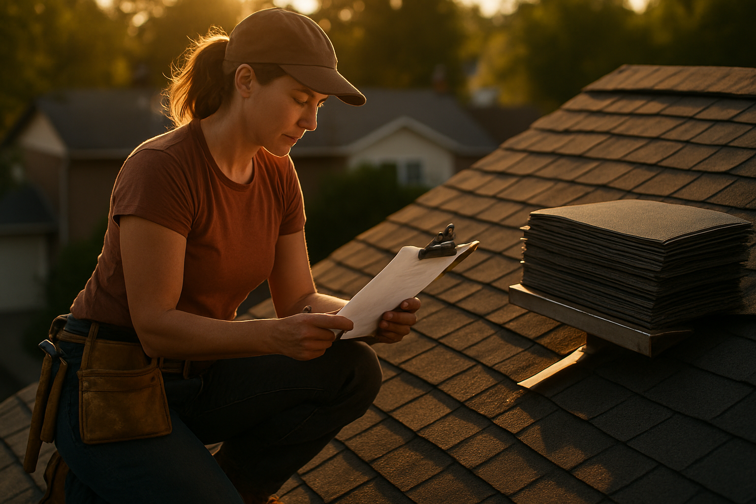 Female roofer kneeling on a residential shingle roof at golden hour, reviewing a price estimate on a clipboard