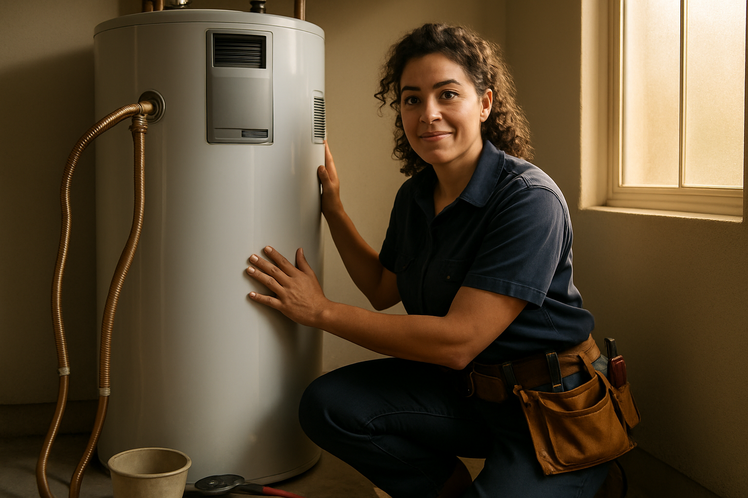 Plumber kneeling beside a hybrid heat pump water heater in a residential utility room, warm natural light