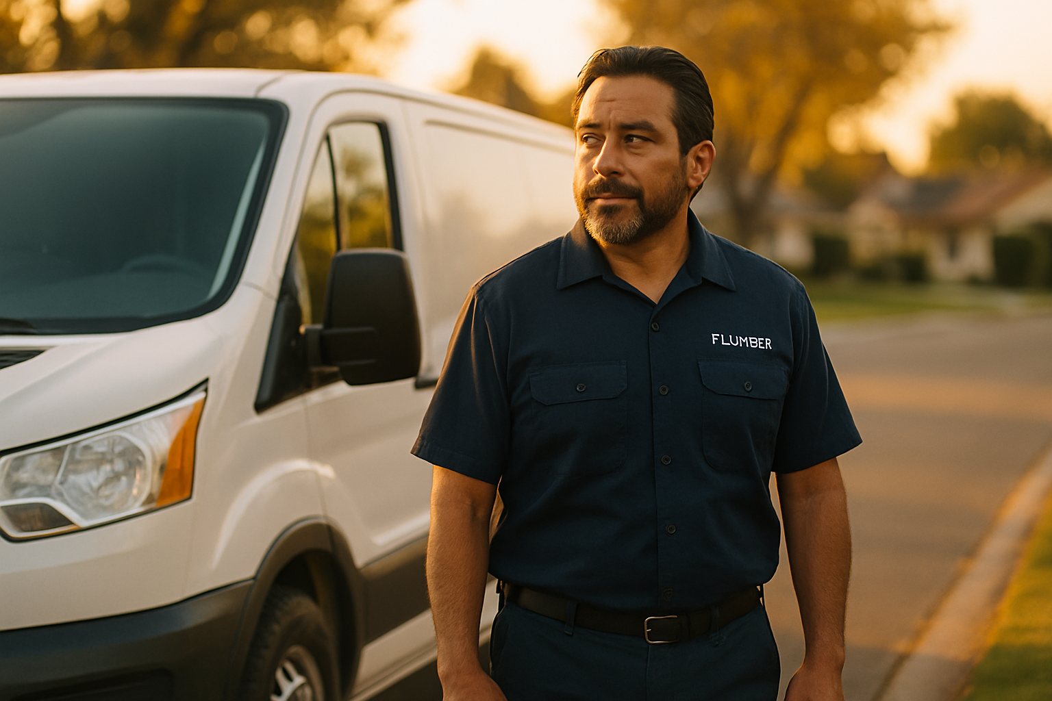 Latino plumber in his 40s standing at a service van on a residential street, phone in hand, declining a call at golden hour