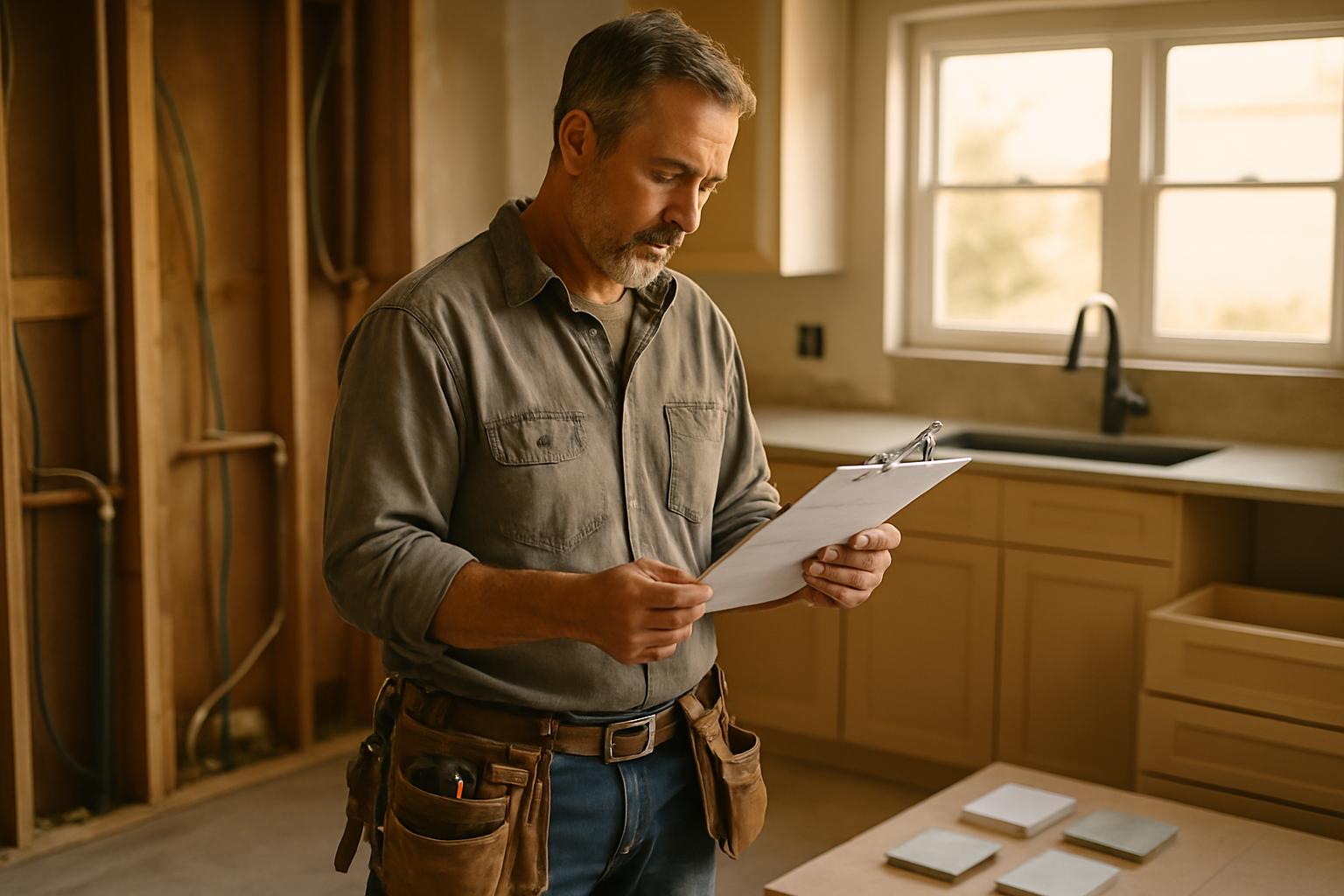 Contractor reviewing a kitchen estimate on a clipboard inside a mid-renovation kitchen with cabinet boxes and exposed walls